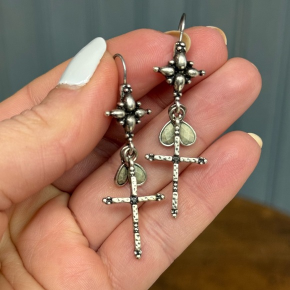 Silver Cross Dangle Earrings Boho Drop Pierced Fish Hook Earring, Religious EUC - Picture 5 of 9